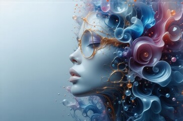 Poster - Serene profile of a woman, adorned with swirling, pastel-colored abstract forms resembling liquid or floral elements, and  golden-rimmed glasses.