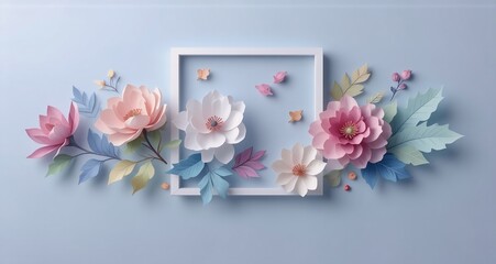 Aufkleber - Image: Delicate paper flowers and leaves bloom around a frame on a pastel blue backdrop, creating a serene and decorative arrangement. Hints: Nature, beauty, floral.