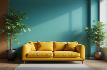 Poster - Sunlit living room features a mustard yellow sofa against a teal wall.  Two potted plants flank the sofa, adding to the serene ambiance.  A minimalist rug completes the space.