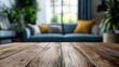 © cusniatul - Wooden table, living room, sofa, plants, blurred background, product display