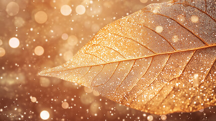 Wall Mural - golden leaf sparkle: a single, glistening leaf, adorned with golden sparkles, rests against a bokeh 