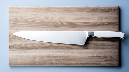 Knife lying horizontally on wooden cutting board in studio light