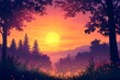 © shan - Mystical Nature Scene: Serene Sunset Silhouettes with Vibrant Orange Glow Over Forest Horizon