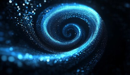 abstract blue spiral light particles on black background.