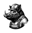 © BiboCloud - Boar as a construction worker wearing hardhat on a construction site and working