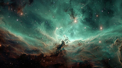 Wall Mural - A stunning space scene of green nebulae resembling auroras rippling across the cosmos symbolizes the mystery of the universe cosmic energy life beyond earth and the harmony of celestial forces

