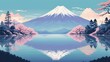 © Creamypaw - A tranquil Japanese mountain landscape in retro pixel art style, with a serene lake reflecting Mount Fuji, soft pastel colors, and a nostalgic 8-bit aesthetic