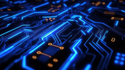 Glowing blue circuit board texture, digital technology, abstract background, for tech website header