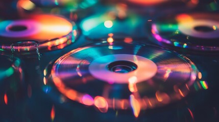 Wall Mural - vintage compact discs with iridescent rainbow light reflections on surface in close-up view, capturi