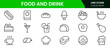© oneflock - Vector illustration web line icon collection featuring food and drink elements—fruits, vegetables, beverages, utensils, meals, snacks, cooking tools, and dining essentials in minimalist style.