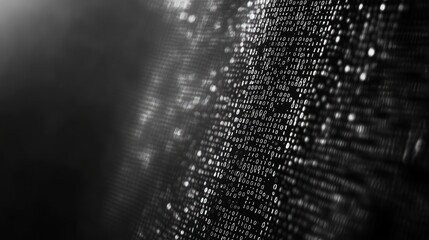 Binary code flowing, dark background, digital stream, tech website header