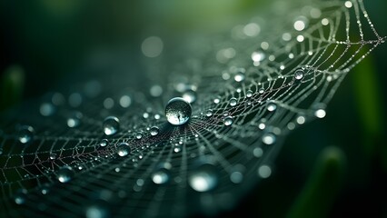 Intricate spiderweb covered in dewdrops glistening in the morning light, capturing nature's delicate beauty.