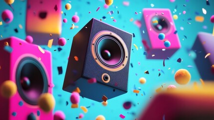 Wall Mural - colorful music party speakers on blue background with black, pink, yellow, and blue tones creating a