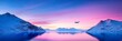 © tea - Serene Winter Landscape with Airplane - A tranquil scene of snow-capped mountains reflected in a calm lake under a vibrant sunset sky, with a single airplane flying overhead