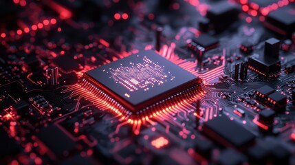 Illuminated CPU on motherboard, glowing red circuits, data processing, tech background, digital concept