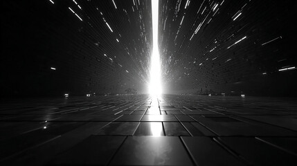 Futuristic white glow tech tunnel with digital code patterns on walls and floor symbolizes digital transformation innovation and data flow modern matrix design with deep glowing perspective

