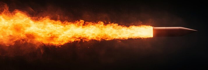Wall Mural - powerful jet flame bursts from rocket, illuminating dark background with vibrant orange and yellow h
