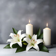 © Frank - Soothing condolence background with white lilies candles and textured grey backdrop. Concept Condolence setting, White lilies, Candles, Textured grey backdrop