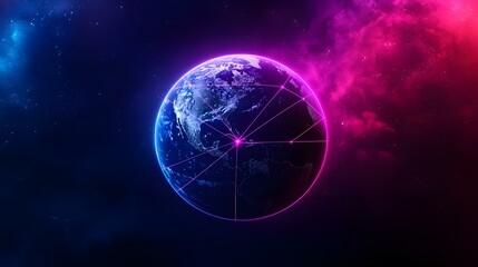 A digitally enhanced image of Earth, set against a backdrop of a vibrant nebula, shows glowing pink and blue lines connecting various points on the planet, symbolizing global interconnectedness.