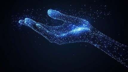 Glowing digital hand, particles, dark background, technology concept