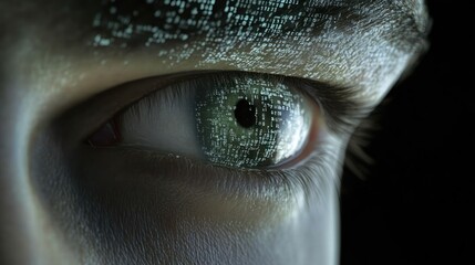 Digital code reflects in a person's eye, close-up, dark background, futuristic concept, security