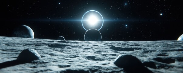 Wall Mural - Distant celestial bodies with a bright star, planets, and a moon-like surface