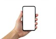 © Laki - A hand holding a black smartphone with a blank white screen against a white background in a studio shot