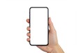 © Laki - A hand holding a modern smartphone with a blank white screen against a white background in a studio shot