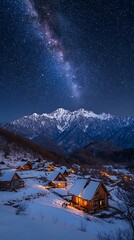 Wall Mural - Snowy village nestled beneath vibrant Milky Way, majestic mountain range