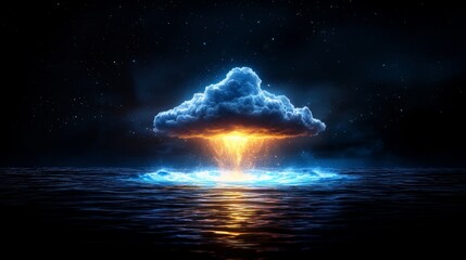 Wall Mural - dramatic explosion under a cloud over a dark ocean