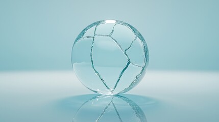 Wall Mural - a cracked glass sphere reflecting light against a soft blue background, showcasing intricate fractur