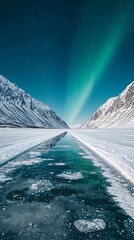 Wall Mural - Breathtaking Northern Lights display over a snow-covered landscape and icy lake