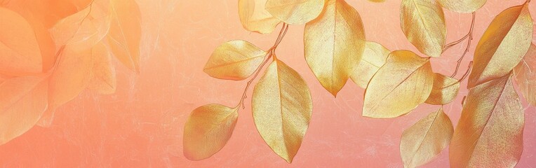 Poster - Golden leaves with soft glowing edges placed against an orange textured canvas background