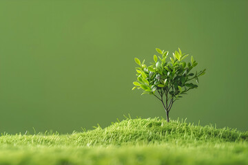 a small vibrant green tree growing on a bed of soft moss