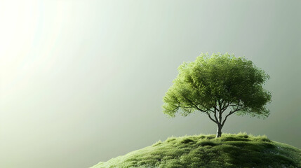 a solitary tree stands atop a grassy hill under soft light