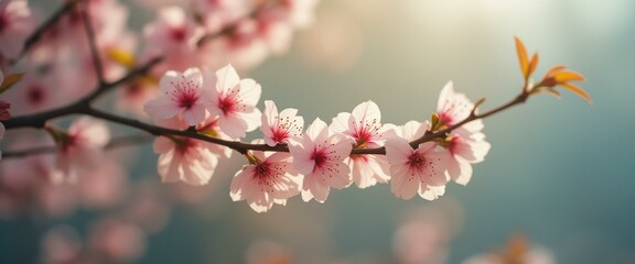Leinwandbilder - Close-up of Pale Pink Cherry Blossoms Blooming on a Branch Against a Soft Blue Background in Springtime