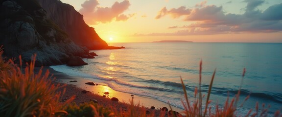 Poster - Scenic sunrise seascape view of rocky shoreline with gentle waves and distant island