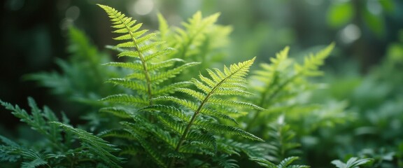 Aufkleber - Lush ferns bathed in sunlight, showcasing vibrant green foliage and intricate leaf details in a tranquil forest setting.