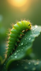 Aufkleber - Vibrant Green Caterpillar Crawling on Leaf with Water Droplets in Golden Light