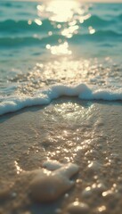 Leinwandbilder - Tranquil Beach Scene: Sunlight Reflections on Gentle Waves Washing Ashore