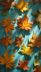 Poster - Autumnal Symphony: Array of Colorful Maple Leaves Displayed on a Light Blue Surface with Striking Shadows