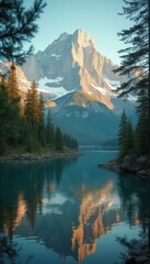 Poster - Majestic Peak Reflections on Calm Lake, Framed by Evergreens, Creating a Serene Nature Scene