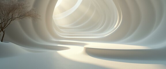 Poster - Minimalist abstract structure with a winding cave and a single tree in a soft, neutral tone for meditative themes
