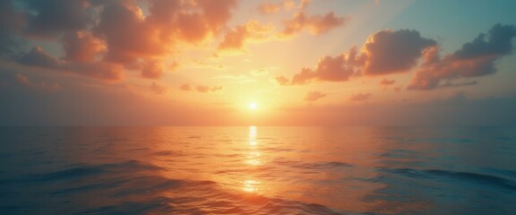 Poster - Tranquil Ocean at Sunset: Golden Light Reflecting on Gentle Waves and Pastel Clouds