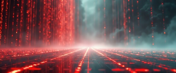 Aufkleber - Abstract futuristic technology landscape with glowing red grid and falling light particles, creating an immersive digital environment