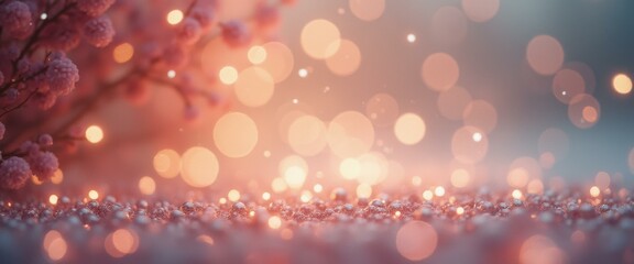 Fototapete - Ethereal blurred background with shimmering particles and soft pink floral accents for dreamy, magical effect