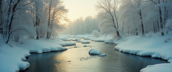 Poster - A peaceful river flows through a snow-covered forest landscape in winter, with frosted trees and soft golden light