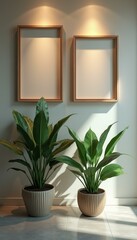 Poster - Elegant interior with empty frames, potted plants, creating a serene, minimalistic aesthetic