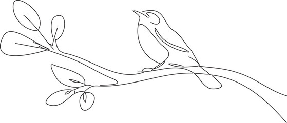 continuous single line drawing of bird perched on leafy branch