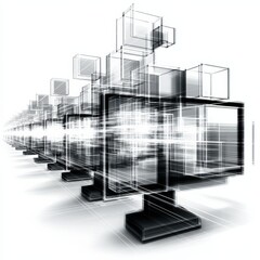 Poster - Abstract Architecture: Monochromatic Perspective of Interlocking Cubes in an Infinite Grid